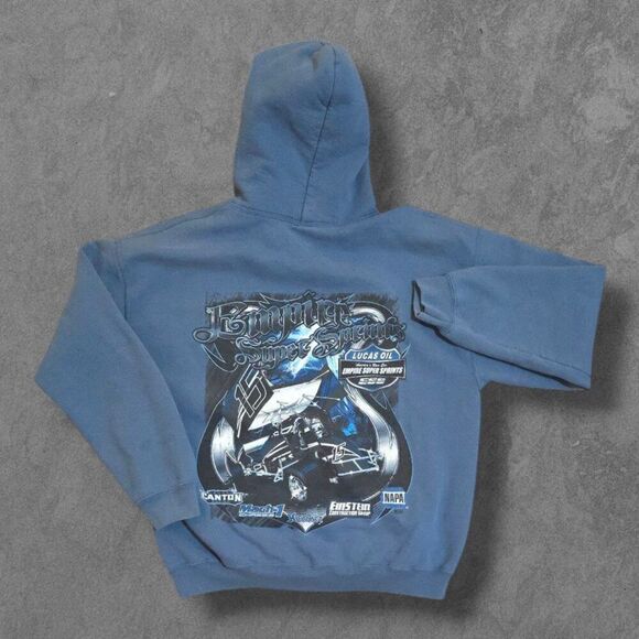 Vintage Y2K Lucas Oil Dirt Track Sprints Racing Pullover Sweatshirt Large Blue - Picture 1 of 6